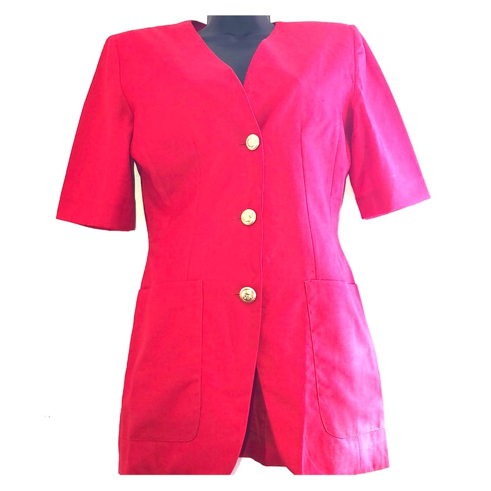 A red button down with gold buttons.